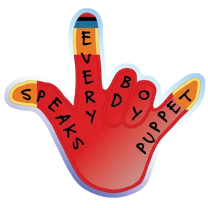 A hand with its thumb, index finger and pinky extended to operate a hand puppet. The hand is mostly red, with orange finger tips indicating the hands and face of the hand puppet, and stripes of blue, black and red on the top of the index finger to simulate a little hat.