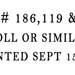 A white rectangle with black text which reads 'USPTO # 186,119 & 186120 - Puppet doll or similar object - Patented September 15, 1959'